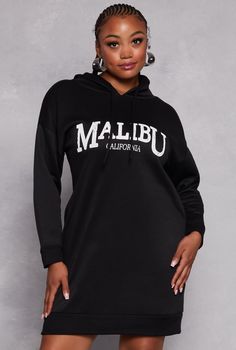 Sweatshirt Dress, Short Length Dress, Long Sleeves, Hoodie, Lined, Graphic Print, Graphic: Malibu California, Fleece, Item Number 3390073376021 Plus Size Short Dresses, Puma Outfit, Hooded Sweatshirt Dress, Romper And Jacket, Malibu California, Dress Long Sleeves, Print Graphic, Girls Pajamas, Girls Jacket