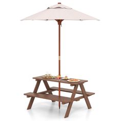 a picnic table with an umbrella and food on the trays under it, isolated against a white background