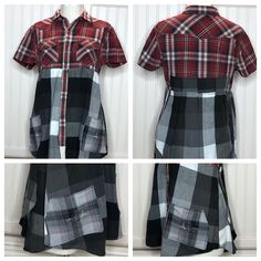 "This beautiful women's shirt was upcycled from a red and black plaid western shirt and a black and white large check cotton shirt.  The main body is a cotton red and black western style shirt with a snap front close.  The bottom of the shirt is a soft cotton black and white large check shirt. The back skirt is a double layer tulip shaped to give a flattering unique fit.  The side pocket is embroidered with the Little Bird Products signature bird in silver thread.  There are two side pockets 8n Fitted Plaid Western Tops, Fitted Western Plaid Tops, Fitted Plaid Top With Pockets, Fall Patchwork Short Sleeve Shirt, Plaid Patchwork Short Sleeve Tops, Fitted Patchwork Button-up Shirt, Fitted Cotton Shirt With Patchwork, Fitted Cotton Patchwork Shirt, Fitted Patchwork Short Sleeve Shirt