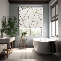 a bathroom with a tub, sink and large window in the corner that has geometric designs on it