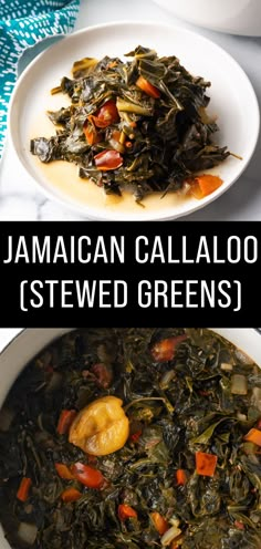 jamaican calaboose stew is served greens in a white bowl on a blue and white tablecloth