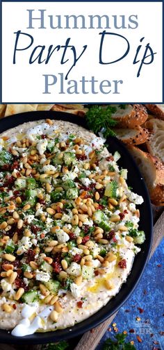 hummus party dip platter with broccoli, cheese and other toppings