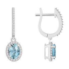 Top Choice Gems  7x5mm Aqua and Diamond Hugger Hoop Dangle Earrings A striking addition to any fine-jewelry wardrobe, this sterling silver earring showcases a diamond-haloed aquamarine that dangles from a diamond-accented hoop.         Each approx. 1"L x 1/4"W      Stamped .925; sterling silver; rhodium plating     Pierced with hugger-style leverbacks    Stone Information       All sizes and weights approximate     Aqua: Oval; 1.44ct     Diamond: Round; 0.32ct; GH color, I2-I3 clarity Fine Jewelry Sterling Silver Hoop Earrings With Gemstone, Sterling Silver Hoop Earrings With Gemstones, Fine Jewelry Single Oval Earring, Fine Jewelry White Gold Hoop Earrings With Gemstone, Formal Silver Gemstone Hoop Earrings, Formal Dangle Hoop Earrings With Gemstones, Fine Jewelry Oval Sterling Silver Earrings, Classic Sterling Silver Gemstone Hoop Earrings, White Gold Hoop Earrings With Gemstones In Sterling Silver