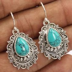 Vintage Boho Water Drop Earrings Bluish Green Stones X Turquoise Drop Earrings, Stone Dangle Earrings, Art Earrings, Retro Earring, Turquoise Gemstone, Turquoise Earrings, Silver Turquoise, Turquoise Jewelry, Tibet