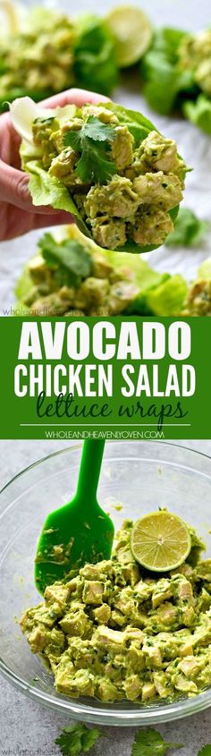 avocado chicken salad in a glass bowl with limes on top and the words avocado chicken salad above it