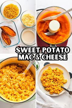 the steps to make sweet potato macaroni and cheese are shown in four different pictures