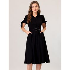 This sleek shirt dress features a turn-down doll neck and perfect normal sleeves. It's cut from soft rayon in a regular fit and strikes the perfect balance between elegant and effortless. Wear it with a belt for a flattering silhouette. This solid shirt dress can be easily worn with shoes for a sophisticated, casual look. Suitable for casual, work, office, date, weekend parties, and everyday wear. Elegant Shirt Dress, 10 Item Wardrobe, Business Shorts, Shirt Dress Black, Business Casual Shirts, Peter Pan Collar Dress, Elegant Midi Dresses, Womens Business Casual, Dress Shirt Sleeves