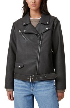 Show off instantly cool style in a moto-inspired faux-leather jacket fashioned with gleaming zip pockets and a belted waist. Asymmetric zip closure Notched collar Chest zip pocket; front zip pockets Attached belt Lined 90% polyester, 7% cotton, 3% viscose with polyurethane coating Spot clean Imported Edgy Belted Biker Jacket For Work, Trendy Fall Outerwear With Belt Loops, Trendy Outerwear With Belt Loops For Fall, Moto Style Belted Workwear Outerwear, Moto Style Belted Outerwear For Work, Fall Workwear Biker Jacket With Belt, Black Belted Biker Outerwear, Edgy Leather Jacket With Belt Loops For Fall, Black Biker Outerwear With Belt