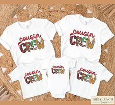 These festive matching holiday cousin crew shirts are sure to delight the entire family this Christmas! Available in baby sizes through adult, there is something for cousins of all ages!  We print on Bella and Canvas brand t-shirts and Gildan brand sweatshirts. To see more of our Christmas designs, please visit our homepage: https://www.etsy.com/shop/AbbyZachDesigns ----HOW OUR SHIRTS ARE MADE ----  * We use the process of DTG, which stands for direct to garment printing. We partner with a professional printer who applies ink directly into the shirt. (We do not use vinyl.) This gives you better quality and will not peel. ----PRODUCT INFORMATION ---- * We use Bella + Canvas brand t-shirts and Gildan brand sweatshirts. Bella Canvas tshirts are known for their lightweight softness and quality Cousin Crew Christmas Shirts, Cousins Shirts, Cousin Crew Shirts, Brand Sweatshirts, Xmas Outfit, Cousin Crew, Outfit Christmas, Holiday Sweatshirt, Branded Sweatshirts