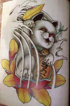 a drawing of a cat with yellow flowers on it's chest and two skulls in its mouth