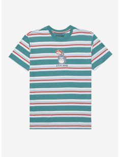 a striped t - shirt with a cartoon character on the chest and an inscription that reads,