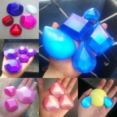 several different colored shapes and sizes of soap cubes in the palm of someone's hand