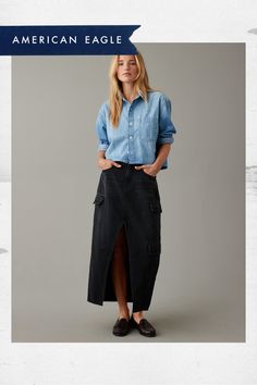 Rigid cotton denim with no stretch/Black wash/Cargo pockets/This skirt is Real Good: Made with the planet in mind & a promise to continue to do better. Denim Cargo, Do Better, Spring Summer Outfits, Denim Skirt, Low Rise, Women's Jeans, American Eagle Outfitters, Maxi Skirt, American Eagle