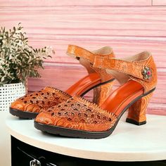 Category:Pumps; Upper Materials:Leather; Lining Materials:100% Leather; Season:Spring,Summer,Fall; Heel Type:Kitten Heel; Gender:Women's; Toe Shape:Round Toe; Style:Vintage,Elegant; Heel Height(inch):1-2; Outsole Materials:Rubber; Occasion:Party,Valentine's Day; Closure Type:Buckle; Pattern:Floral,Cut-out; Listing Date:03/11/2024; 2024 Trends:Mary Jane,Handmade Shoes,Vintage Shoes; Heel Height:Mid Heel Summer Open Toe Court Shoes With 4-inch Heel, High Heel Leather Shoes With Heel Strap For Spring, Summer Court Shoes With Heel And Ankle Strap, Summer Court Shoes With 4-inch Heel And Ankle Strap, Summer Court Shoes With Ankle Strap, Brown High Heel Leather Shoes For Spring, Summer Court Shoes With 4-inch Heel And Pointed Toe, Summer Leather Court Shoes For Party, Leather Court Shoes For Summer Parties