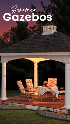 an outdoor gazebo with chairs and table at dusk