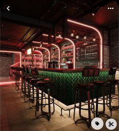 an image of a bar with stools and neon lights on the wall behind it