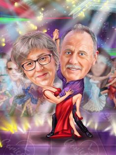 a caricature of an older couple dancing on the dance floor with lights in the background