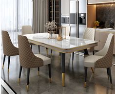 a dining room table with chairs around it and an oven in the backround