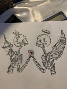 a drawing of two skeletons holding hands