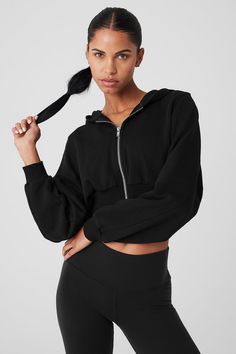 Sweet Escape Zip Up Hoodie - Black | Alo Yoga Zippered Hoodie For Workouts, Sporty Hoodie Sweatshirt With Ykk Zipper, Long Sleeve Hoodie With Zipper For Workout, Zipper Closure Long Sleeve Hoodie For Workout, Casual Zipper Hoodie For Workout, Casual Workout Hoodie With Zipper Closure, Casual Workout Hoodie With Zipper, Sporty Hoodie With Zipper Closure For Workouts, Sporty Hoodie With Zipper For Workouts