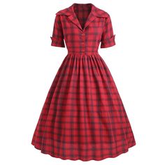 Plus Size Checked Shirt Collar Vintage Dress - Red - 3R55091214 - Original Design-Women's Clothing  #OriginalDesignWomensClothing #Original #DesignWomen's #Clothing Collar Frocks For Women, Vintage Plus Size Fashion, Frocks For Women, Black Plus Size Dress, Vintage Dresses Cheap, Plus Size Vintage Dresses, Vintage Red Dress, Dress Collar, 50s Dresses