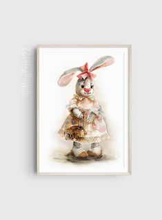 a watercolor painting of a rabbit holding a teddy bear in its arms and wearing a red bow