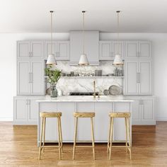 a kitchen with two stools in front of an island