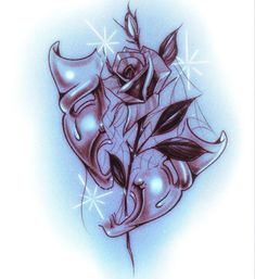 a drawing of a rose on a white background with blue and black ink, in the shape of a heart