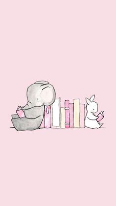 an elephant sitting on top of a stack of books next to a bunny holding a book