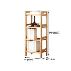 a wooden shelf with two white boxes on it and measurements for the bottom half of each shelf