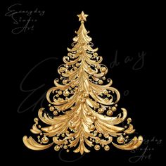 a gold christmas tree on a black background