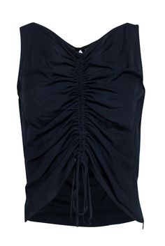 Current Boutique-Escada - Navy Front Drawstring Sleeveless Tank Blouse Sz XS/S Luxury Fitted Indigo Tops, Luxury Black Nylon Tops, Luxury Indigo Relaxed Fit Top, Luxury Black Draped Tops, Navy Moisture-wicking Sportswear Top, Casual Tank Tops, Cami Tanks, Tank Top Cami, Sleeveless Tank