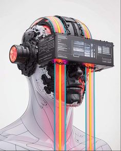 an image of a robot with wires attached to it's head and the machine on top of his head