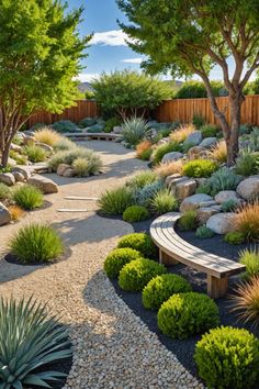 a garden with rocks, plants and a wooden bench in the center is surrounded by trees