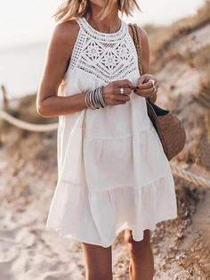 Hollow Lace Patchwork Halterneck A-Line Mini Dress Short Dress Summer, White Lace Mini Dress, Dresses Beach, Lace Patchwork, Loose Style, Dresses Women, Lace Mini Dress, Beach Dresses, White Mini Dress