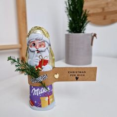 a small christmas decoration in a can with a tag on it and a plant behind it