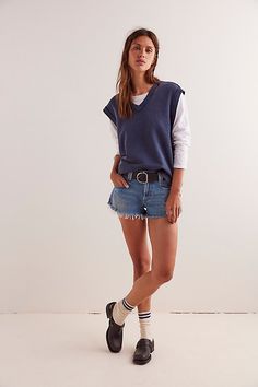 Like your favorite sweatshirt, without the sleeves. This vest from our We The Free collection features a soft cotton fabrication and slouchy, relaxed fit with a V-neckline and low-cut armholes. **Fit:** Slouchy, oversized fit **Features:** Soft cotton fabrication, V-neckline, low-cut armholes, ribbed hems, exposed seam detailing **Why We ❤ It:** This versatile vest is the perfect layering staple. | We The Free Chase Vest Jacket at Free People in Blue, Size: XS Mood Indigo, Low Cut, Sweater Vest, Oversized Fits, Vest Jacket, Boho Outfits, Sweater Outfits, Free People, Relaxed Fit