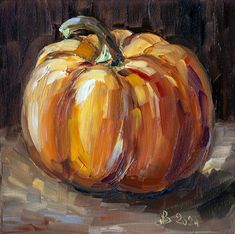 a painting of an orange pumpkin on a brown background