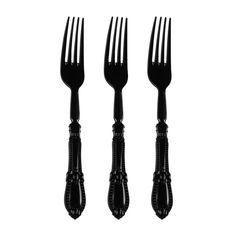 three forks are shown with black plastic handles