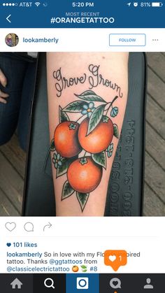 an orange tattoo on someone's leg with the words grove grover above them