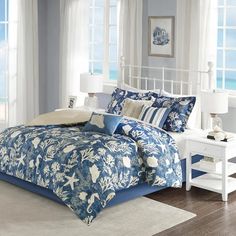 Navy Shells 7-Piece Comforter Set Queen Size Comforter Sets, Blue Bed, King Size Comforter Sets, Floral Comforter Sets, Blue Comforter