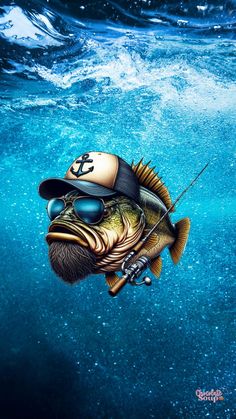 a painting of a fish with sunglasses and a hat on it's head in the water