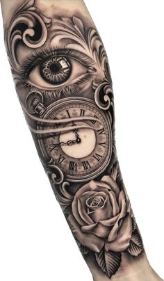 a tattoo with an eye and roses on the arm, in black and grey colors