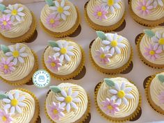 cupcakes decorated with white and pink flowers in a box