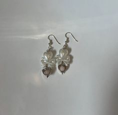 A cute, handmade, small earrings set~! Cute Dangle Earrings With Heart Charm, Cute Heart Beads Drop Earrings, Cute Heart Beaded Drop Earrings, Cute Single Dangle Heart Earring, Cute Single Heart Dangle Earring, Cute White Heart Earrings, Cute Double Heart Charm Earrings, Handmade Double Heart Earrings, Cute Style, Handmade Cute Double Heart Earrings