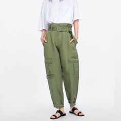 Nwt Xl Zara Army Green Cargo Pants In Linen Blend Material. Never Worn And In Excellent Condition. High Waist Cargo Pants With Multiple Pockets For Spring, High-waisted Cargo Pants With Multiple Pockets For Spring, Green Pants With Multiple Pockets For Spring, Green High Waist Parachute Pants With Belt Loops, High Waist Green Cargo Pants For Workwear, Spring Green Pants With Multiple Pockets, High-waist Spring Cargo Pants With Pockets, Spring Khaki Parachute Pants With Pockets, Summer High Waist Cargo Pants With Hip Pockets