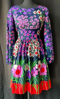 Beautiful 1970s Day Glo Floral dress  Small Measurements taken flat Pit to pit- 17" Underbust- 13.5" Waist, untied- 12.5" sleeves- 22" total length- 34" Denver Co, Floral Midi Dress, Dress Clothes For Women, Denver, Floral Dress, 1970s, Dress Outfits, Midi Dress, Womens Dresses