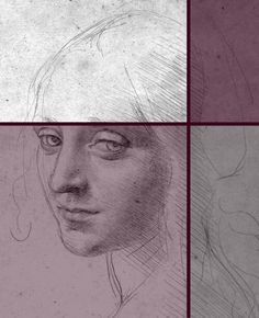 four different colored drawings of women's faces in three separate sections, each with one woman's head