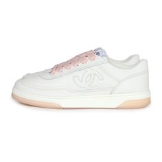 These Chanel CC low top sneakers are in white calfskin leather with CC logo on both sides, with white and light pink rubber soles and light pink shoe laces in size 37.5 EU.Origin: ItalyCondition: New and never wornAccompanied by: Chanel box, two shoe dustbags, extra pair of pink laces and carebookSize: 37.5 EU Chanel White Shoes, Womens Chanel Sneakers, Pink Shoe Laces, Chanel White Sneakers, Pink Chanel Sneakers, Chanel Sneakers Woman 2022, Light Pink Shoes, Chanel Rose, Chanel Sneakers