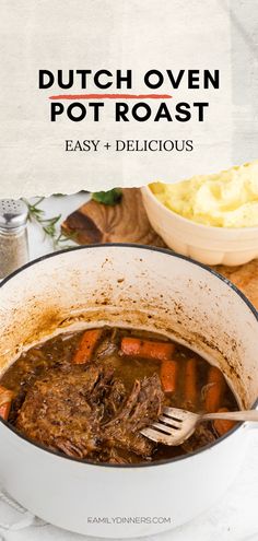 dutch oven pot roast with carrots and potatoes in a white bowl on a table